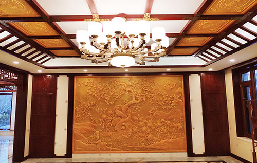 怀集中式别墅客厅中式木作横梁吊顶装饰展示